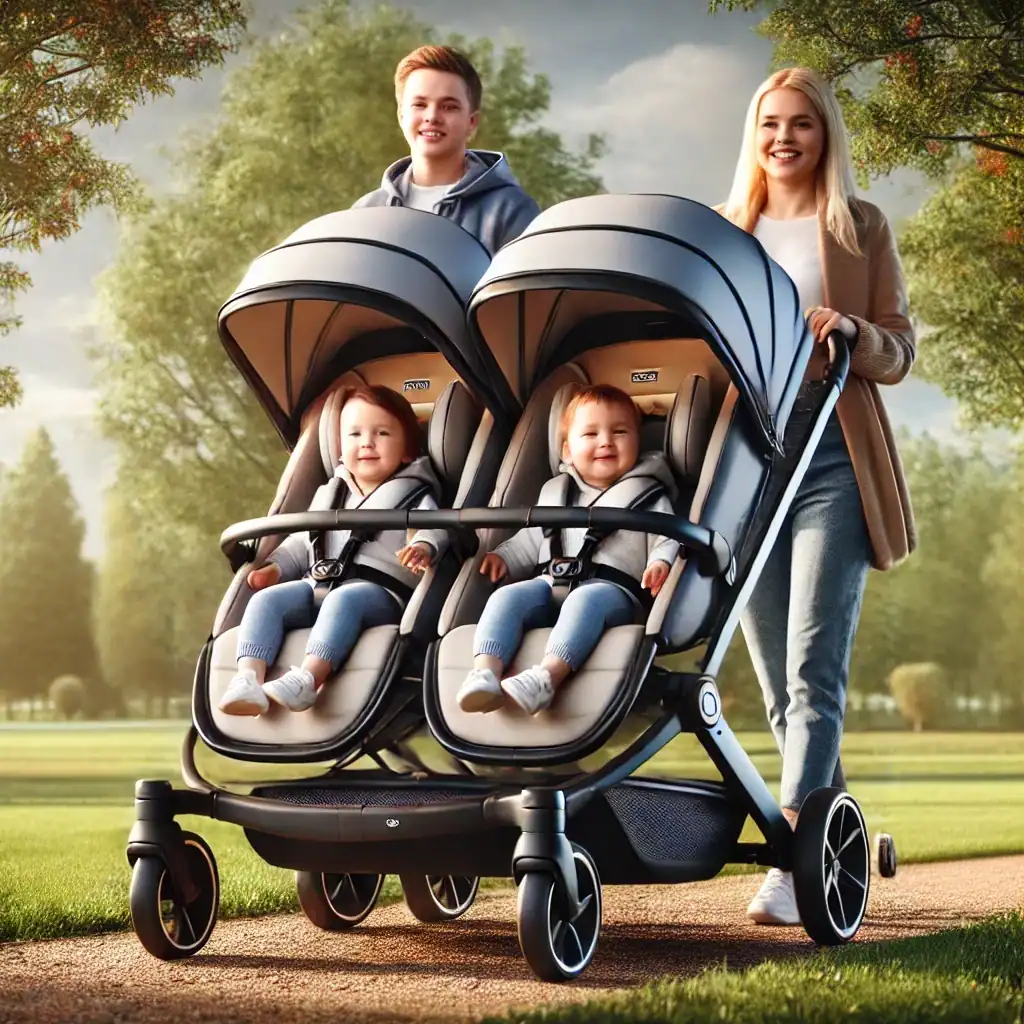madre y padre paciando a su 2 bebes en carriola doble