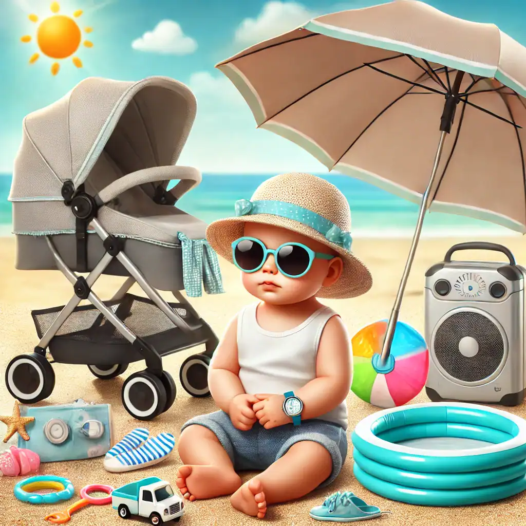 Bebé sentado bajo una sombrilla en la playa, usando un sombrero de sol, gafas de sol y ropa ligera. A su alrededor, accesorios de verano como una carriola con cubierta UV, una piscina inflable pequeña, juguetes de agua y un ventilador portátil. Fondo con playa soleada, cielo azul y mar tranquilo.