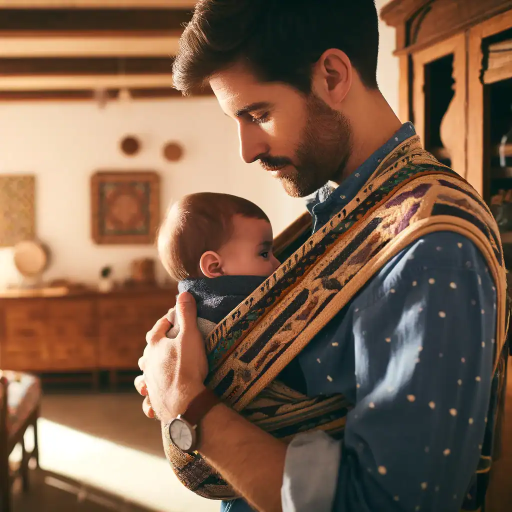 Padre ajustando un fular tejido en su espalda mientras sostiene a su bebé.