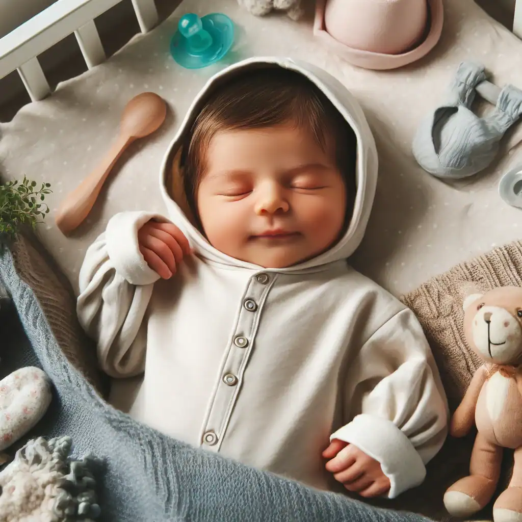 Bebé recién nacido vistiendo ropa de algodón suave y cómoda, acostado en una cama acogedora, rodeado de esenciales para bebés como un chupete, una manta y un juguete de peluche