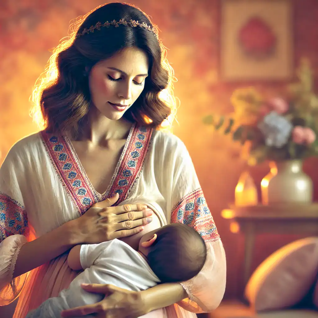 fotografía que muestre a una madre amamantando a su hijo mientras tiene una mano en su vientre embarazado. La imagen debe transmitir calidez, amor y conexión entre la madre y sus hijos, destacando la dualidad de amamantar y estar embarazada. Elementos Visuales: Madre Embarazada y Amamantando: Una mujer con un vientre visiblemente embarazado amamantando a su bebé. La madre debe tener una expresión de serenidad y amor. Ambiente Cálido y Acogedor: La escena debe tener un fondo suave y acogedor, como una habitación con colores cálidos y luz natural suave. Tonos Pastel: Utilizar una paleta de colores pastel para transmitir suavidad y tranquilidad. Detalles Naturales: Incluir elementos naturales como plantas o flores en el fondo para dar una sensación de vida y crecimiento.