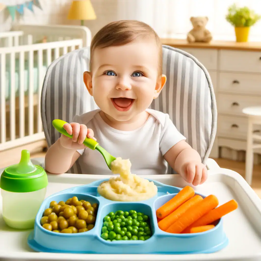 Bebé feliz comiendo puré de verduras en una trona, con opciones de alimentos saludables en una cocina alegre.