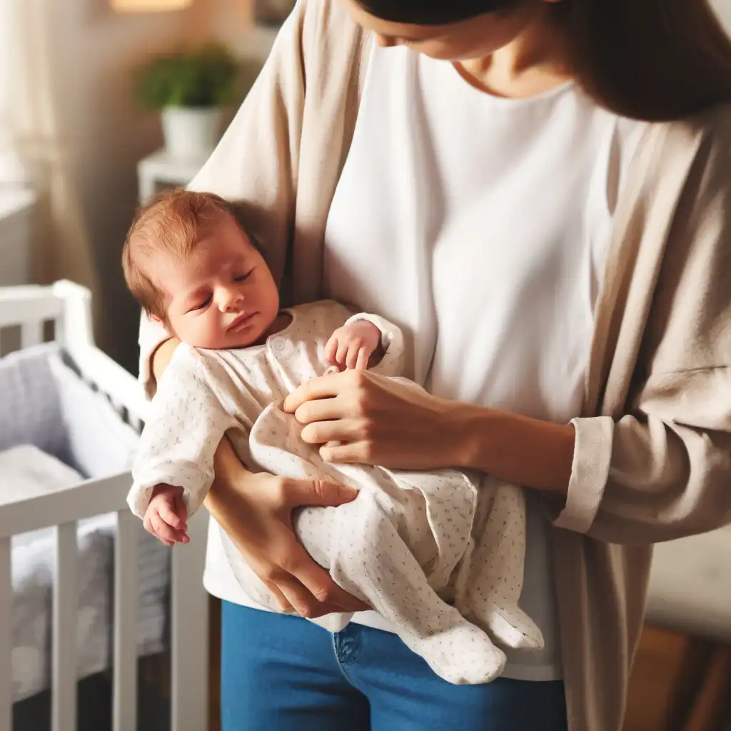 Madre vistiendo a un bebé recién nacido con ropa suave y cómoda hecha de materiales naturales como el algodón, con una habitación infantil al fondo.