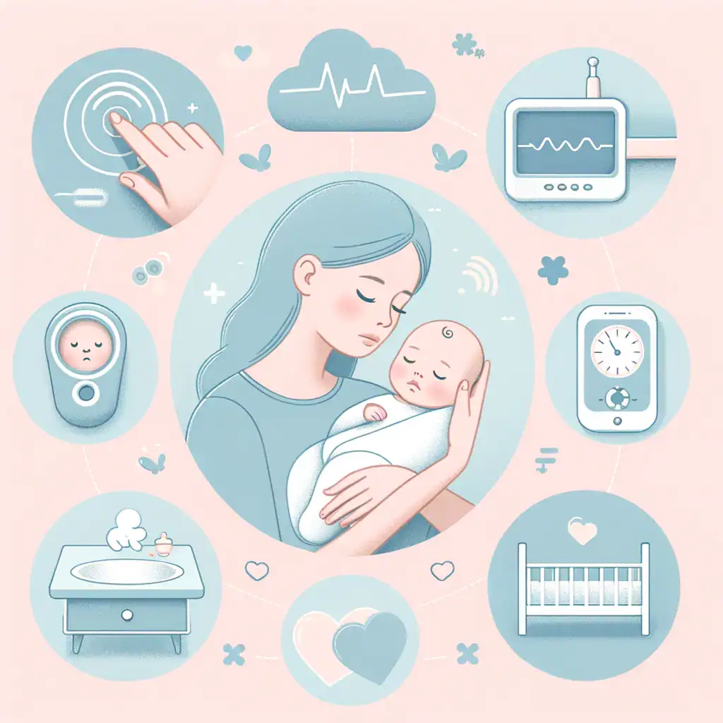 Consejos para bebés con problemas de sueño, mostrando a un padre preocupado revisando al bebé, un monitor para bebés y un ambiente de sueño calmado con colores pastel
