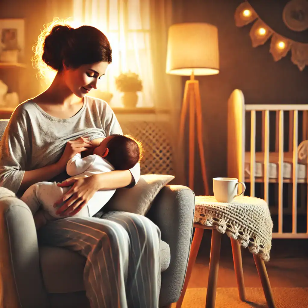 Una madre amamantando a su bebé en una cómoda silla, en una habitación cálida y acogedora con luz suave, rodeada de artículos para bebé.