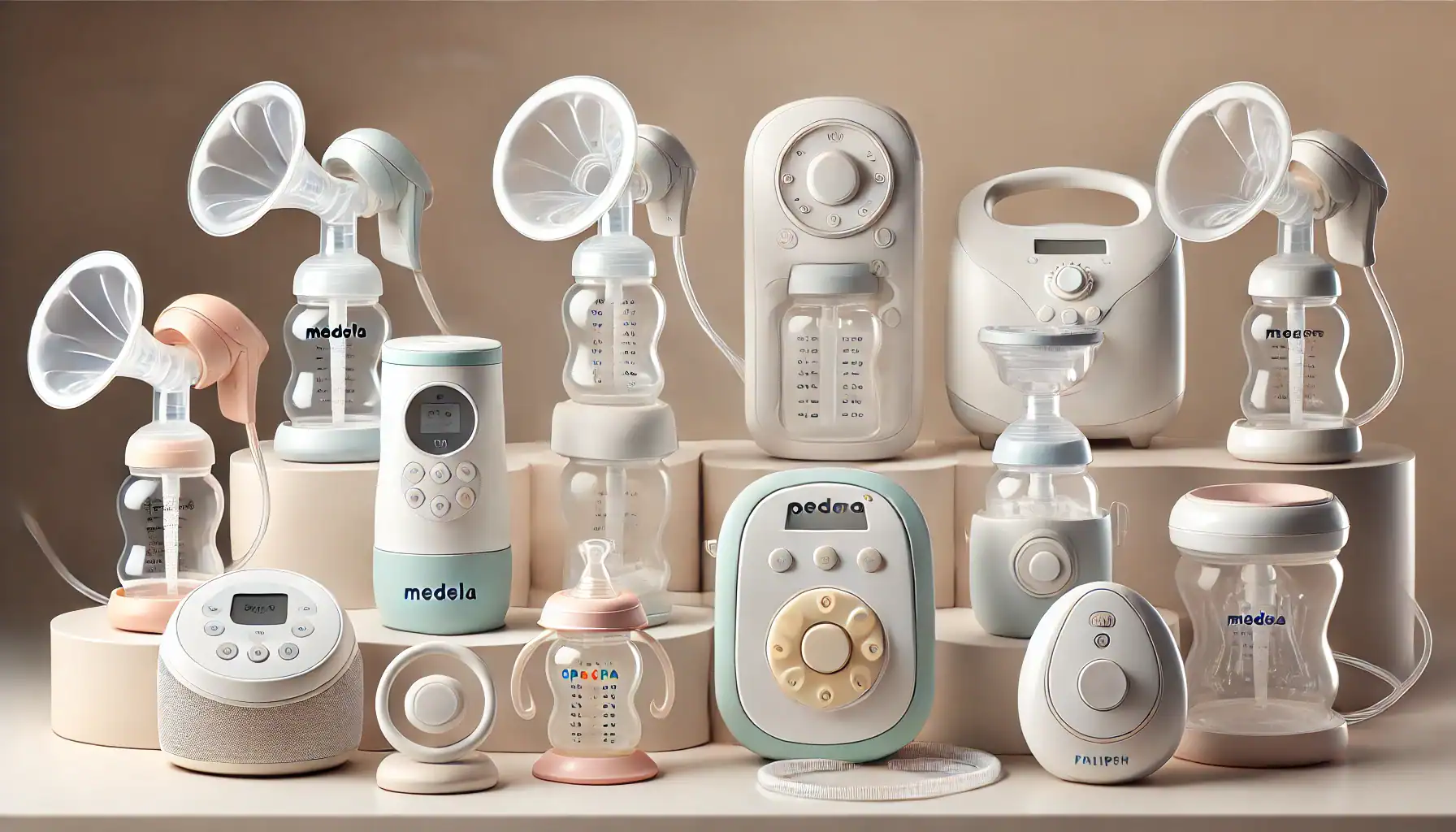 las marcas populares de extractores de leche, incluyendo Medela, Spectra, Lansinoh y Philips Avent. Los extractores están presentados en un diseño moderno y limpio con colores pastel suaves y un ambiente calmado y de apoyo