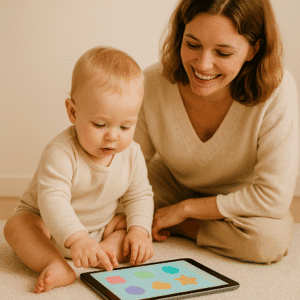 mama acompañado a bebe jugar en tablet
