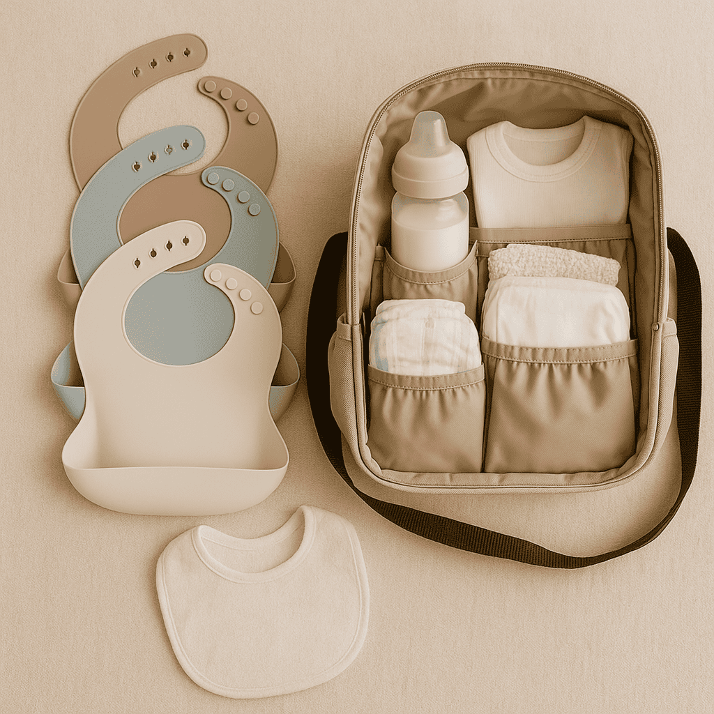 Accesorios esenciales para bebé: baberos y pañalera organizada