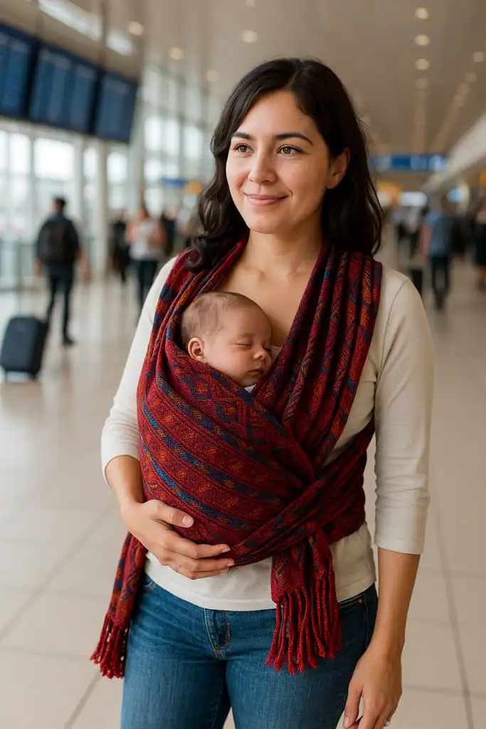 mujer cargando a bebe con un reboso en aeropuerto