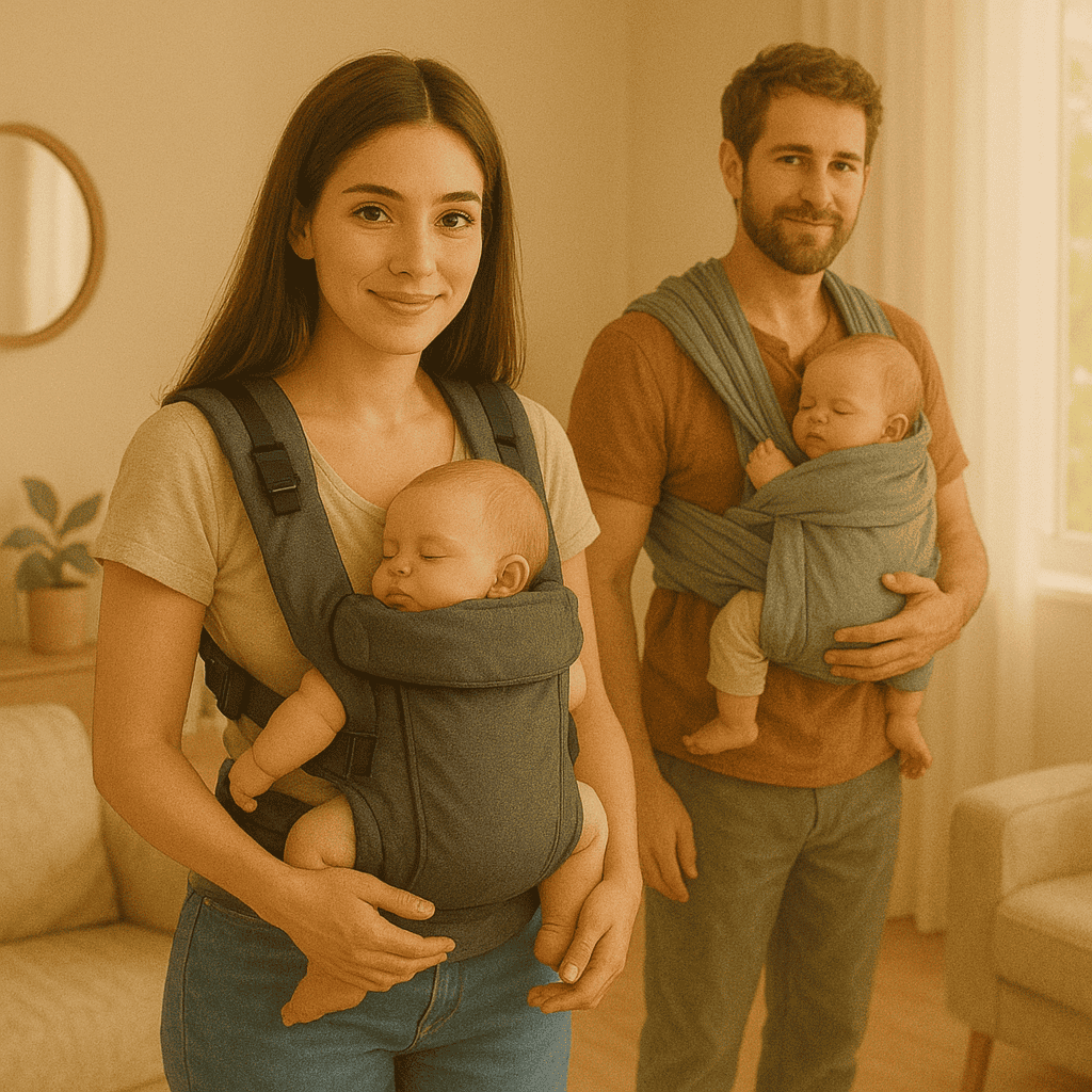 Familia con bebé en mochila, fular y rebozo ergonómicos