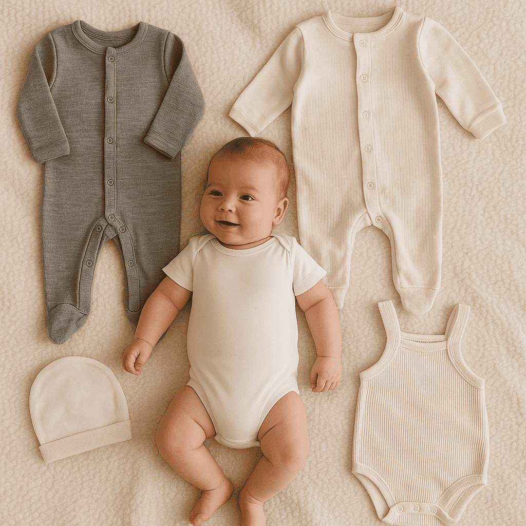 Ropa básica para bebé: body, mameluco y pijama sobre manta