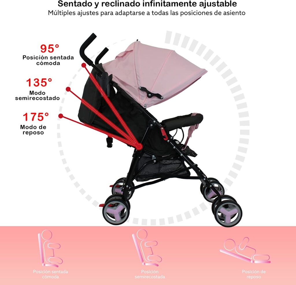 diferentes pociciones de reclinado de la Carriola de bastón Kool Baby CAR104 Rosa