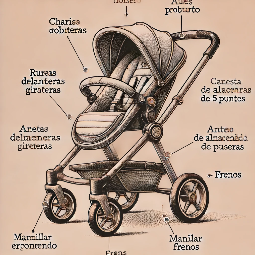 Ilustración detallada de una carriola de bebé con todas sus partes etiquetadas. Incluye chasis robusto, ruedas delanteras giratorias y traseras grandes, capota protectora, asiento amplio y acolchado, arnés de seguridad de 5 puntos, canasta de almacenamiento debajo del asiento, manillar ergonómico y frenos