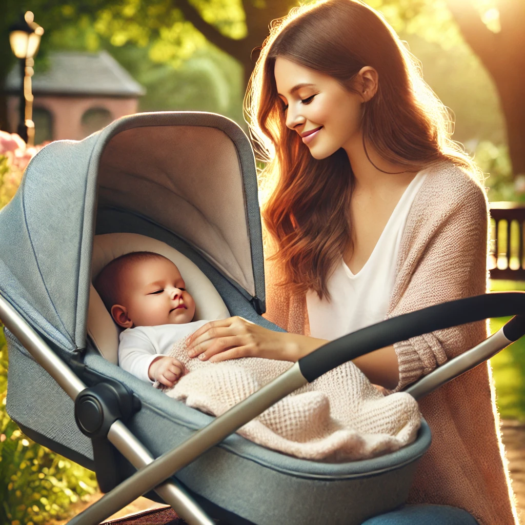 Una madre sonriente arrulla a su bebé en una carriola moderna, envuelto en una manta suave. La escena se desarrolla en un parque tranquilo con árboles y flores de fondo, y la luz del sol se filtra suavemente a través de las hojas, creando una atmósfera cálida y tierna.