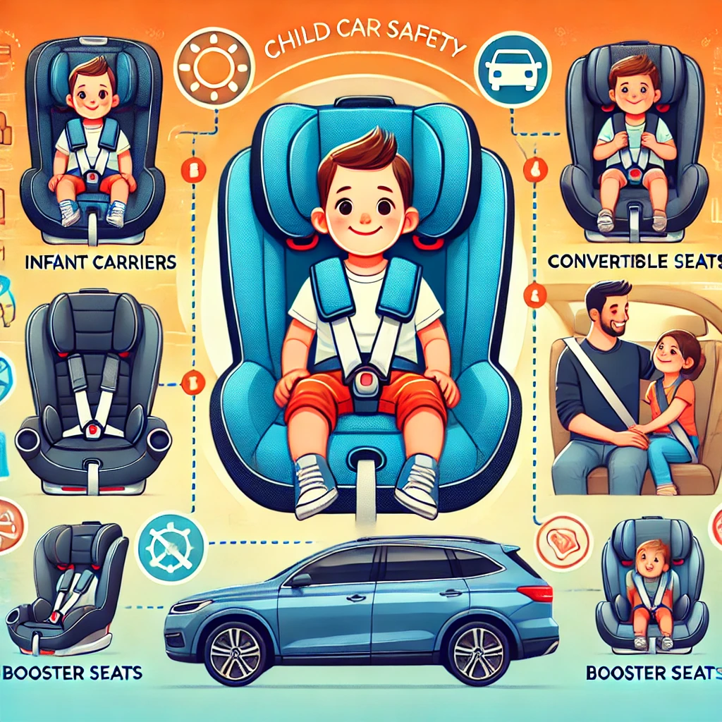 Ilustración de la seguridad infantil en el automóvil, mostrando varios tipos de asientos para niños correctamente instalados en un coche familiar. Incluye asientos para bebés, convertibles y boosters con cinturones de seguridad adecuados