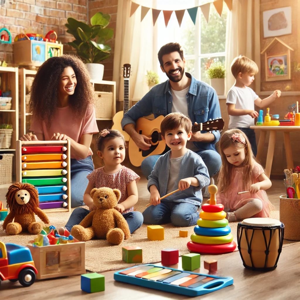 Niños jugando con juguetes seguros y educativos en una sala de juegos colorida, bajo la supervisión de sus padres.