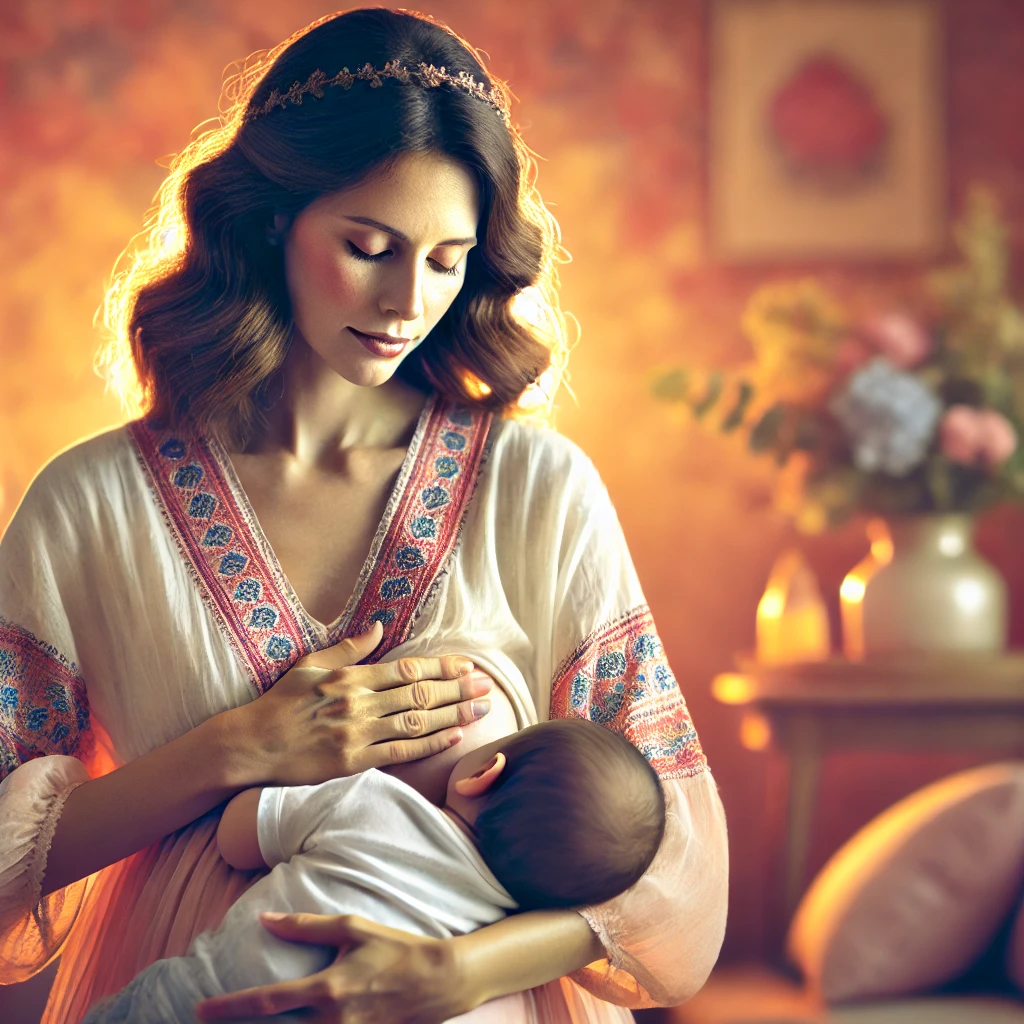 fotografía que muestre a una madre amamantando a su hijo mientras tiene una mano en su vientre embarazado. La imagen debe transmitir calidez, amor y conexión entre la madre y sus hijos, destacando la dualidad de amamantar y estar embarazada. Elementos Visuales: Madre Embarazada y Amamantando: Una mujer con un vientre visiblemente embarazado amamantando a su bebé. La madre debe tener una expresión de serenidad y amor. Ambiente Cálido y Acogedor: La escena debe tener un fondo suave y acogedor, como una habitación con colores cálidos y luz natural suave. Tonos Pastel: Utilizar una paleta de colores pastel para transmitir suavidad y tranquilidad. Detalles Naturales: Incluir elementos naturales como plantas o flores en el fondo para dar una sensación de vida y crecimiento.