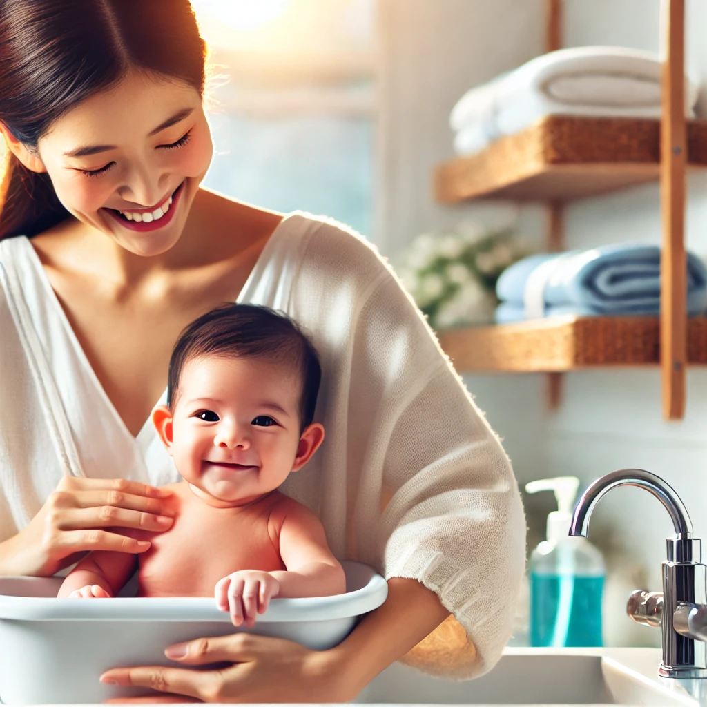 Madre feliz bañando a su recién nacido en una bañera pequeña, en un baño limpio y bien iluminado, con productos de cuidado del bebé y toallas visibles.