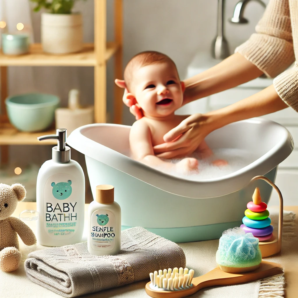 Un bebé disfrutando de un baño en una pequeña bañera ergonómica con toallas blancas suaves, jabón y champú para bebés, y juguetes de baño coloridos, en un baño bien iluminado.