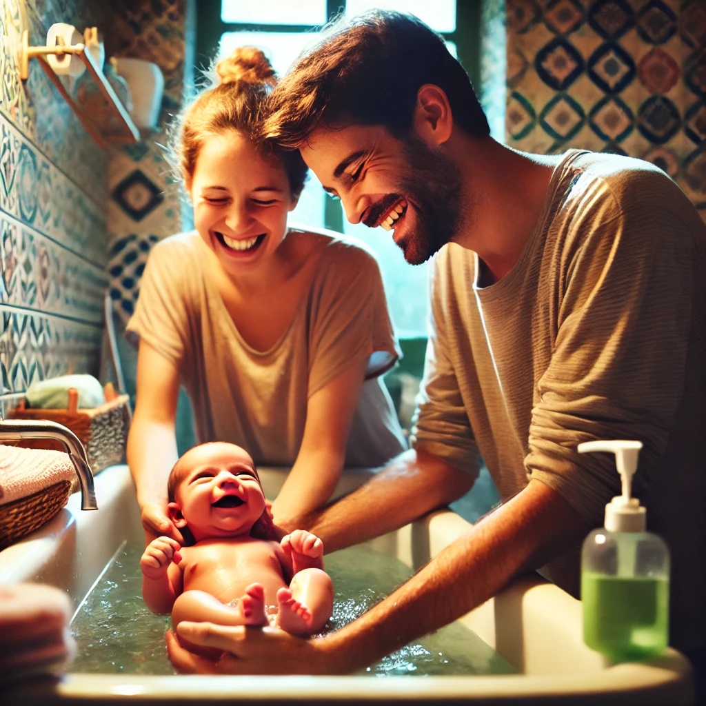 Padres bañando a un recién nacido en una bañera pequeña, iluminada cálidamente, con el bebé feliz y sonriendo, rodeado de toallas y productos de baño para bebés.