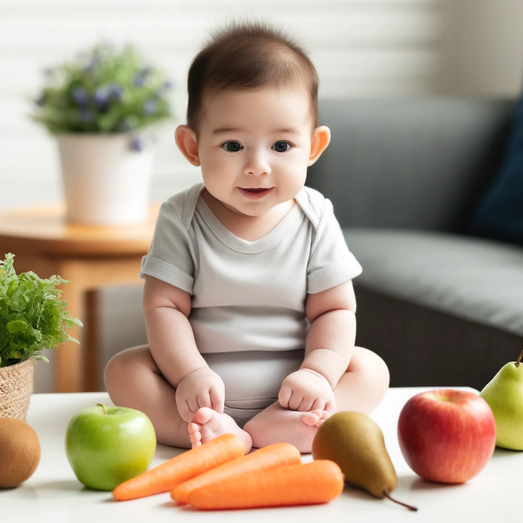 Bebé sentado con apoyo, mostrando interés en la comida, rodeado de frutas y verduras saludables