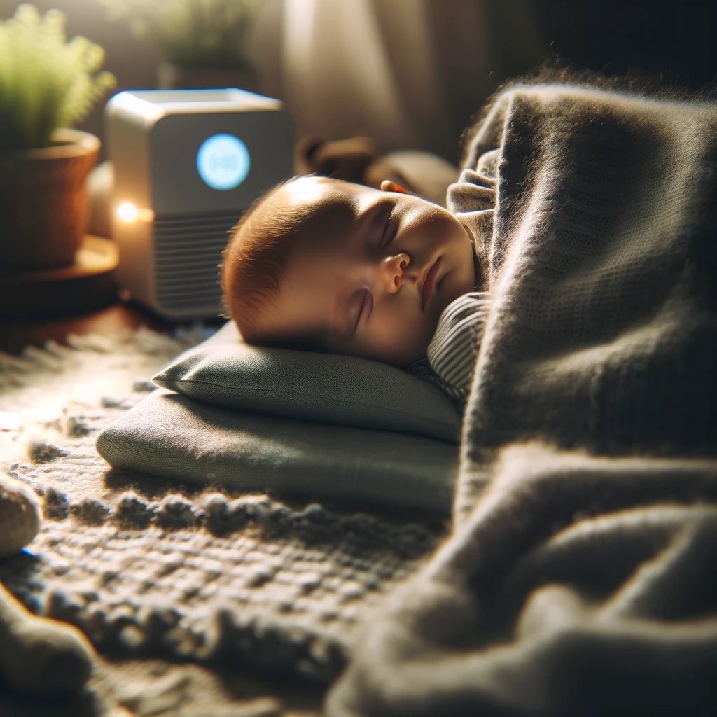 Bebé durmiendo plácidamente en una habitación acogedora con luz suave y máquina de sonido calmante