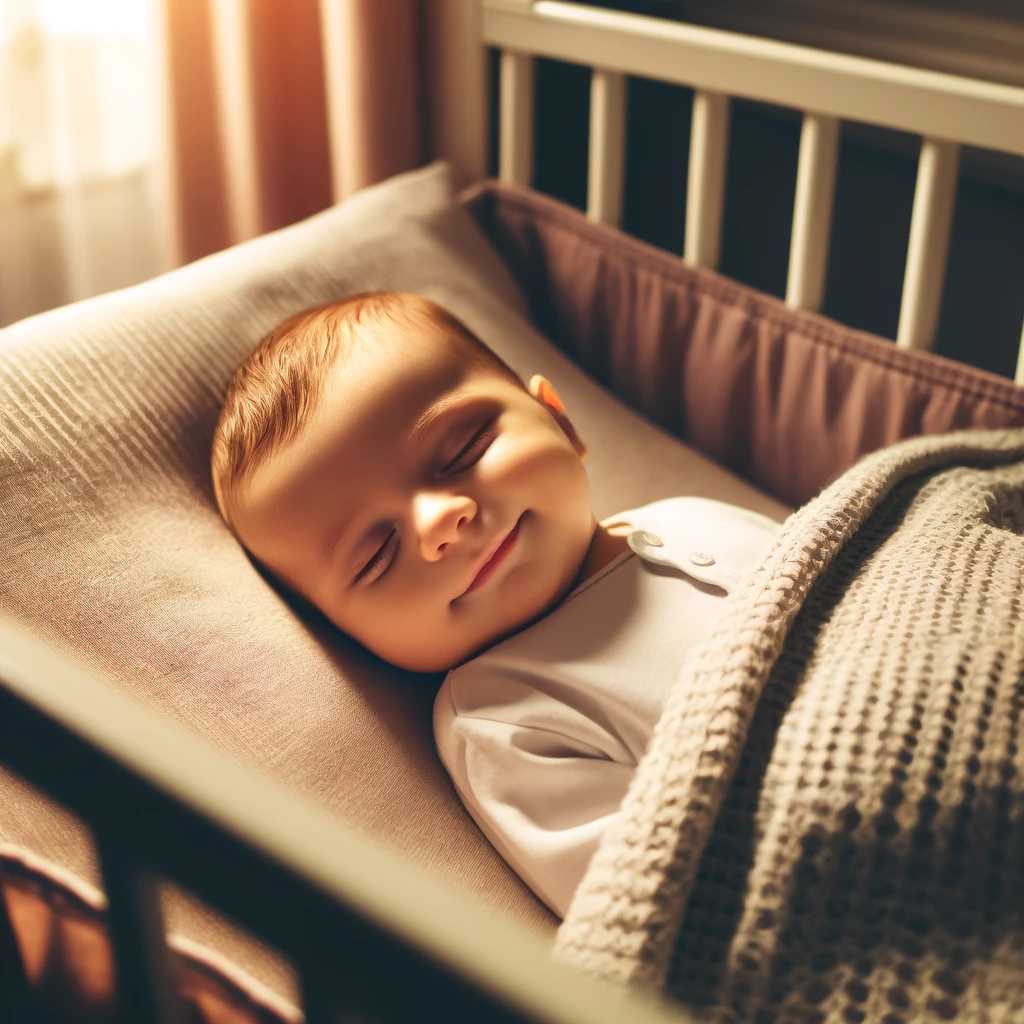 Bebé durmiendo plácidamente en una cuna acogedora con luz suave y cálida