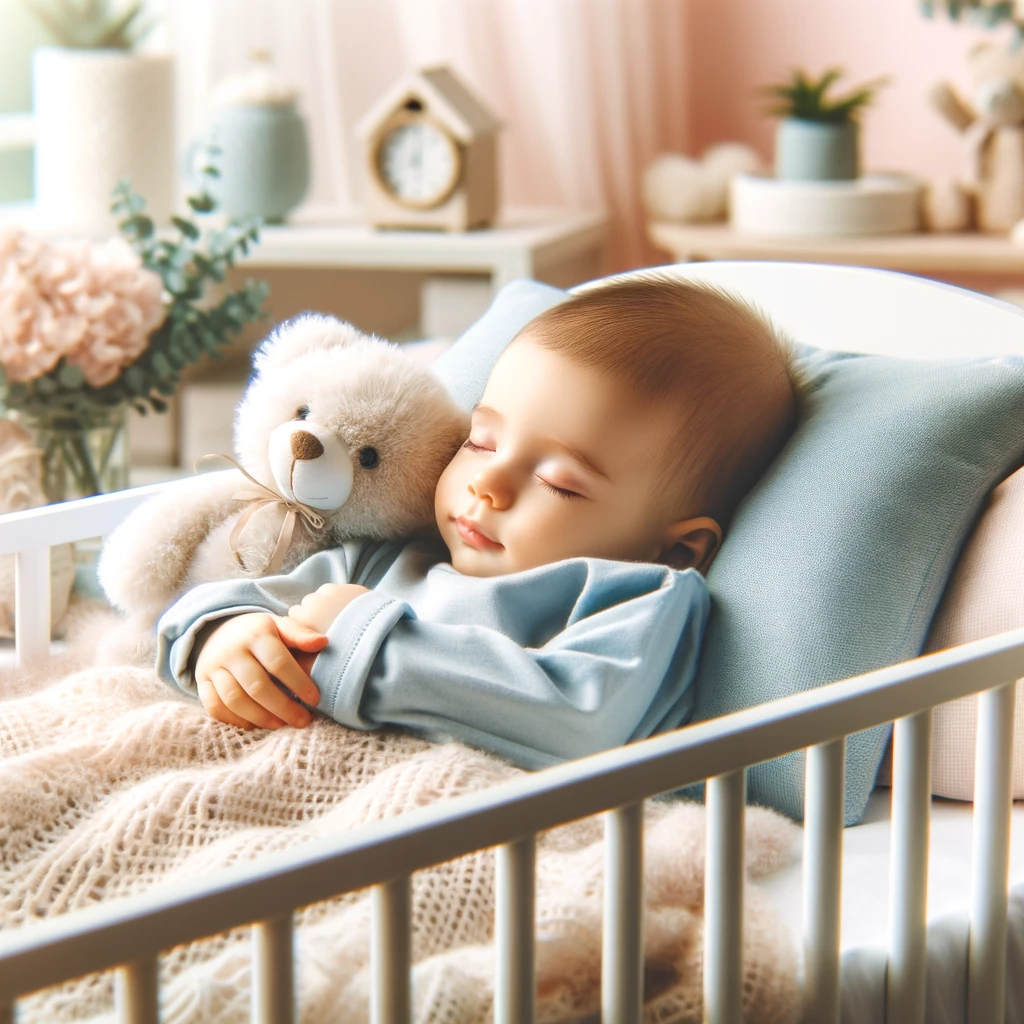 Bebé durmiendo pacíficamente en una cuna acogedora con un osito de peluche, iluminación suave y un ambiente calmado en colores pastel