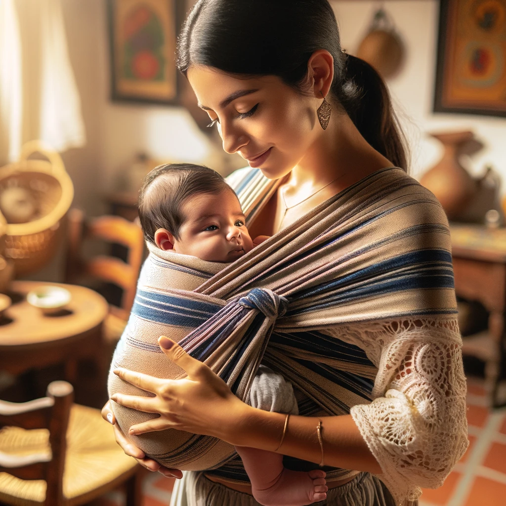 Madre usando un rebozo tradicional para cargar a su bebé en un ambiente hogareño con decoraciones latinoamericanas