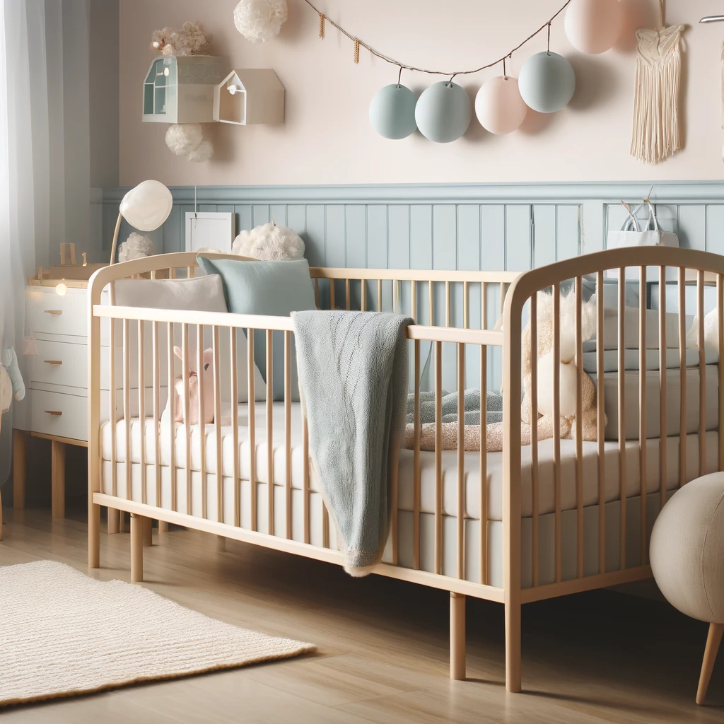 Ambiente acogedor y seguro para el sueño del bebé con una cuna, iluminación suave y decoraciones mínimas en colores pastel