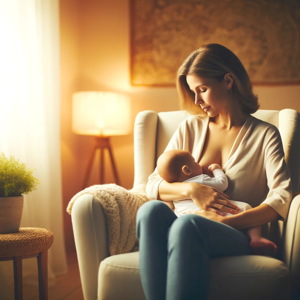 Madre amamantando a su bebé en una silla cómoda, destacando el vínculo y la calidez del momento.