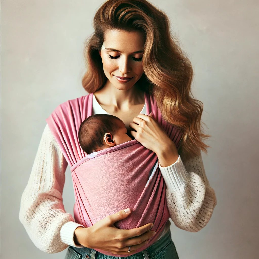Madre usando un fular ergonómico para bebé mientras amamanta."