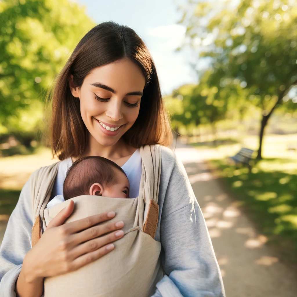 Madre sonriente usando un fular elástico para llevar a su bebé recién nacido en un parque.