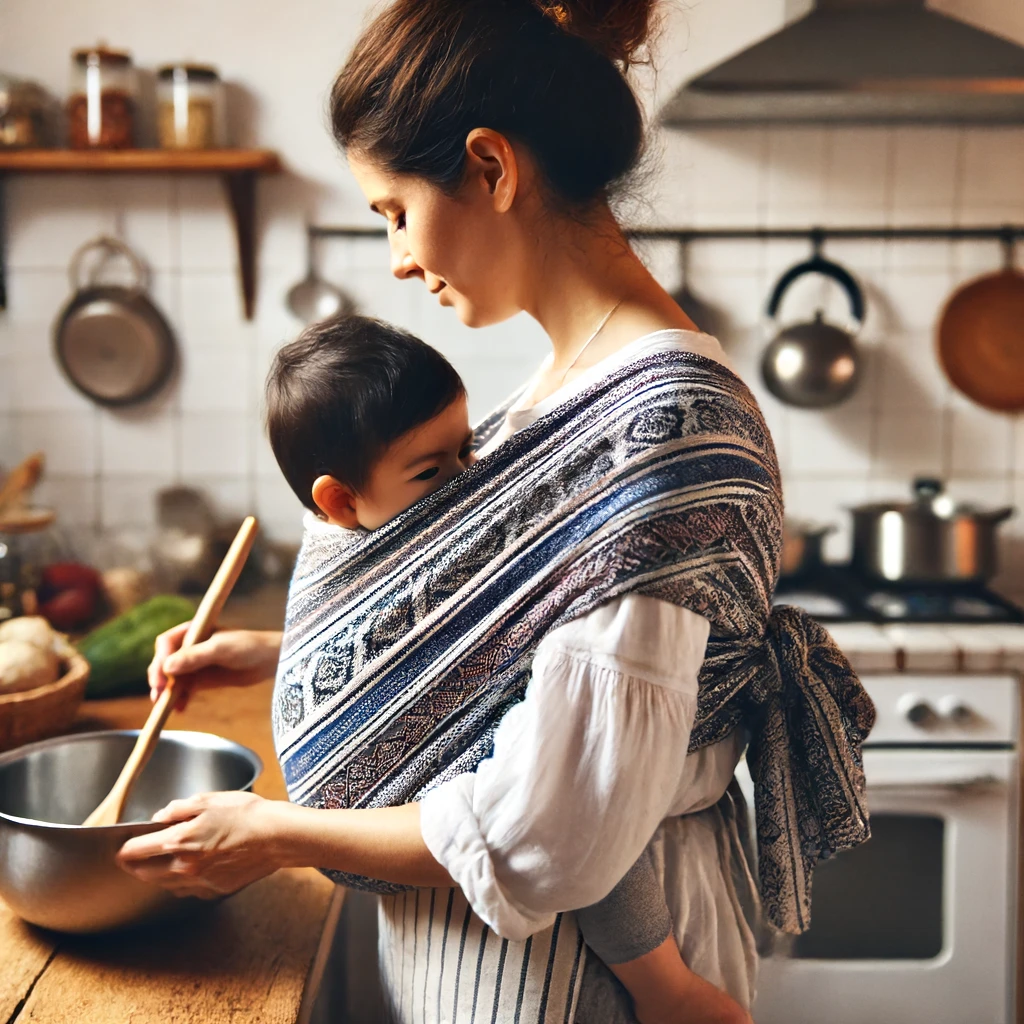 Madre usando un rebozo tradicional para cargar a su bebé mientras cocina