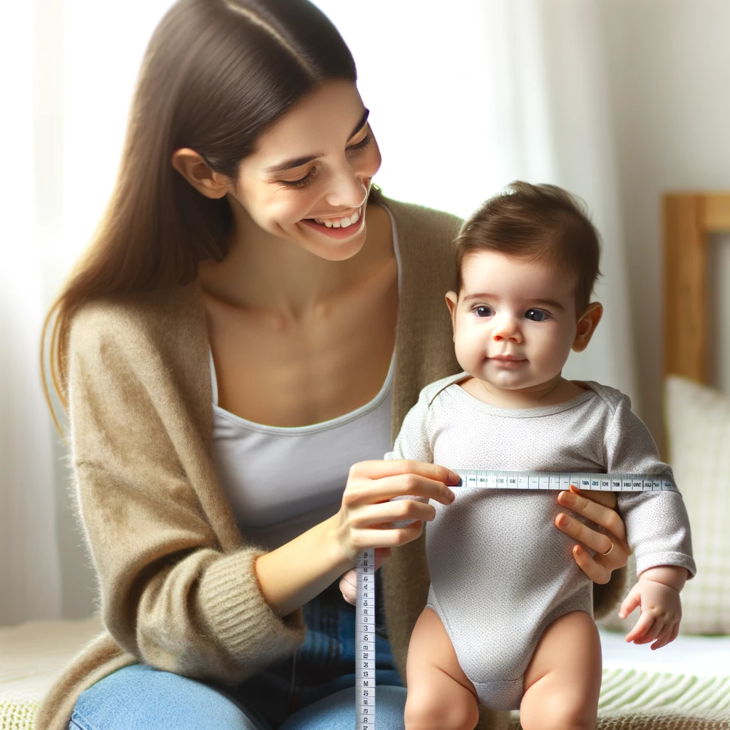 : Madre midiendo la altura de su bebé con una cinta métrica en una guardería acogedora.