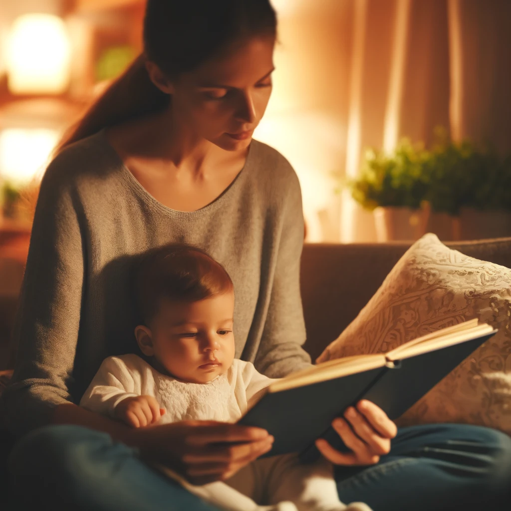 Padre leyendo un cuento a un bebé en una habitación cálida y suavemente iluminada