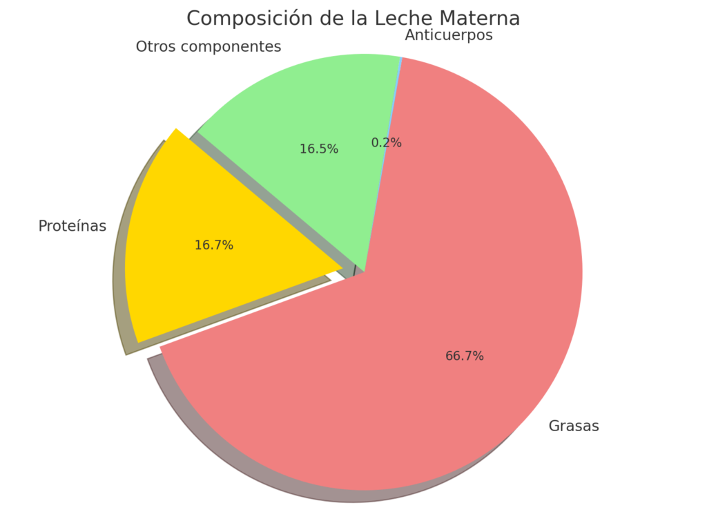 Diagrama de la composición de la leche materna, incluyendo proteínas, grasas y anticuerpos esenciales para el bebé