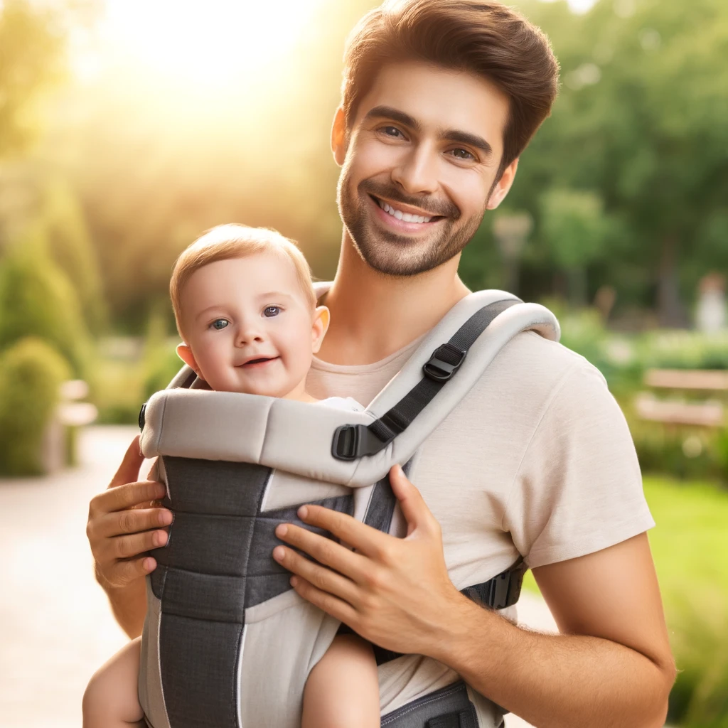 Un padre feliz llevando a su bebé en una mochila ergonómica en un parque. El padre sonríe y el bebé se ve cómodo y seguro, con las piernas en posición de 'M' y correas acolchadas ajustables en la mochila. El fondo muestra un parque con vegetación y luz solar, creando un ambiente cálido y acogedor