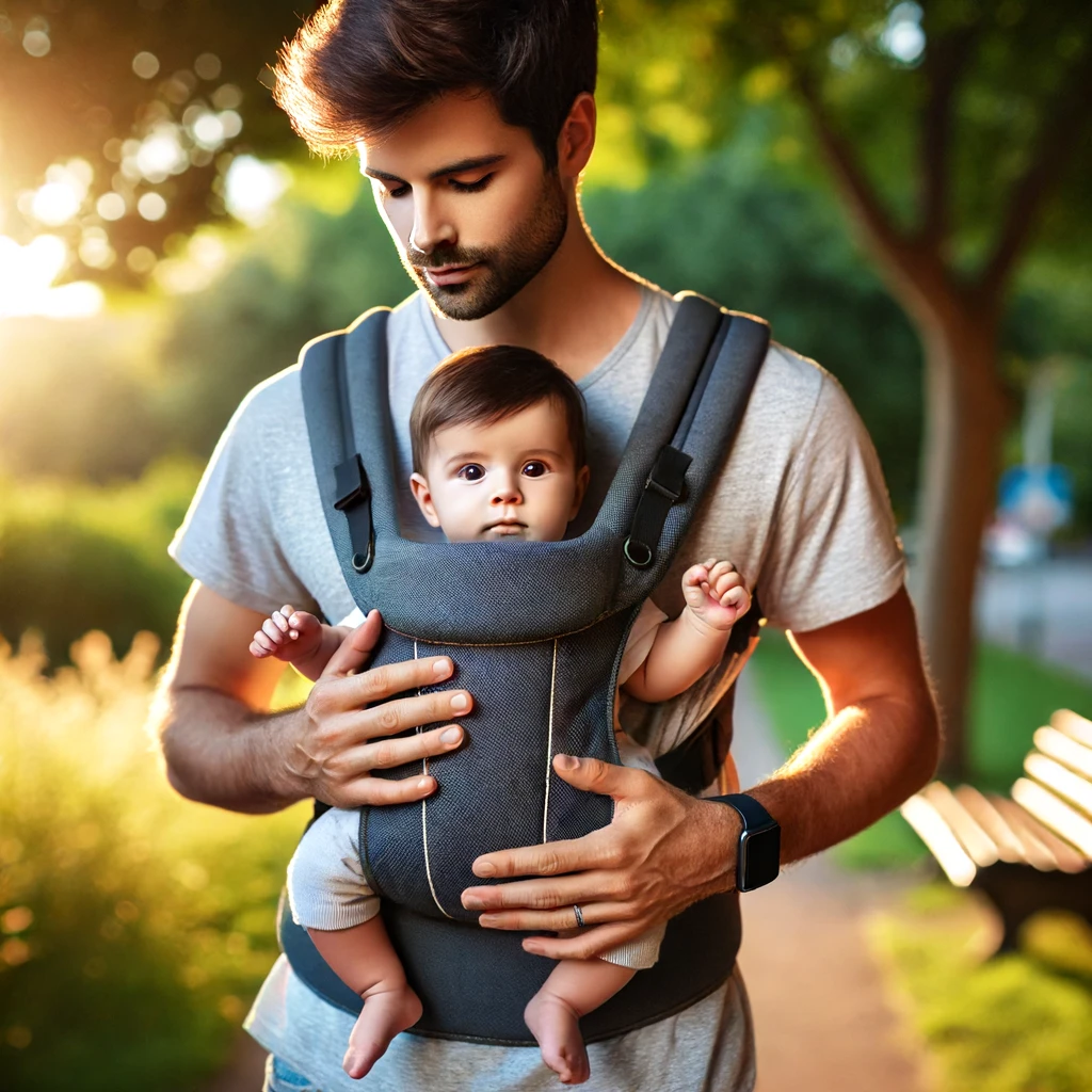Padre usando una mochila ergonómica evolutiva para llevar a su bebé en el parque.