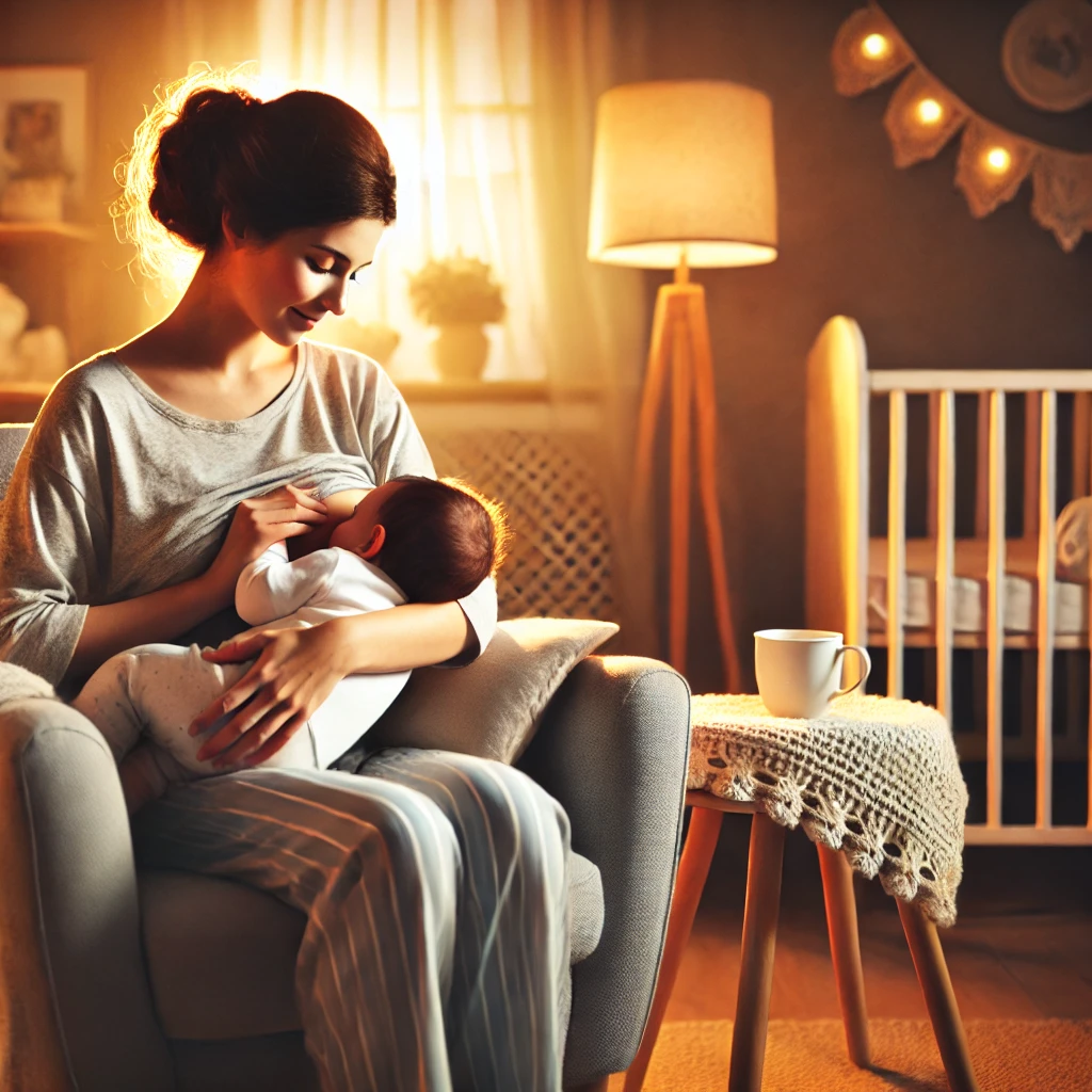 Una madre amamantando a su bebé en una cómoda silla, en una habitación cálida y acogedora con luz suave, rodeada de artículos para bebé.