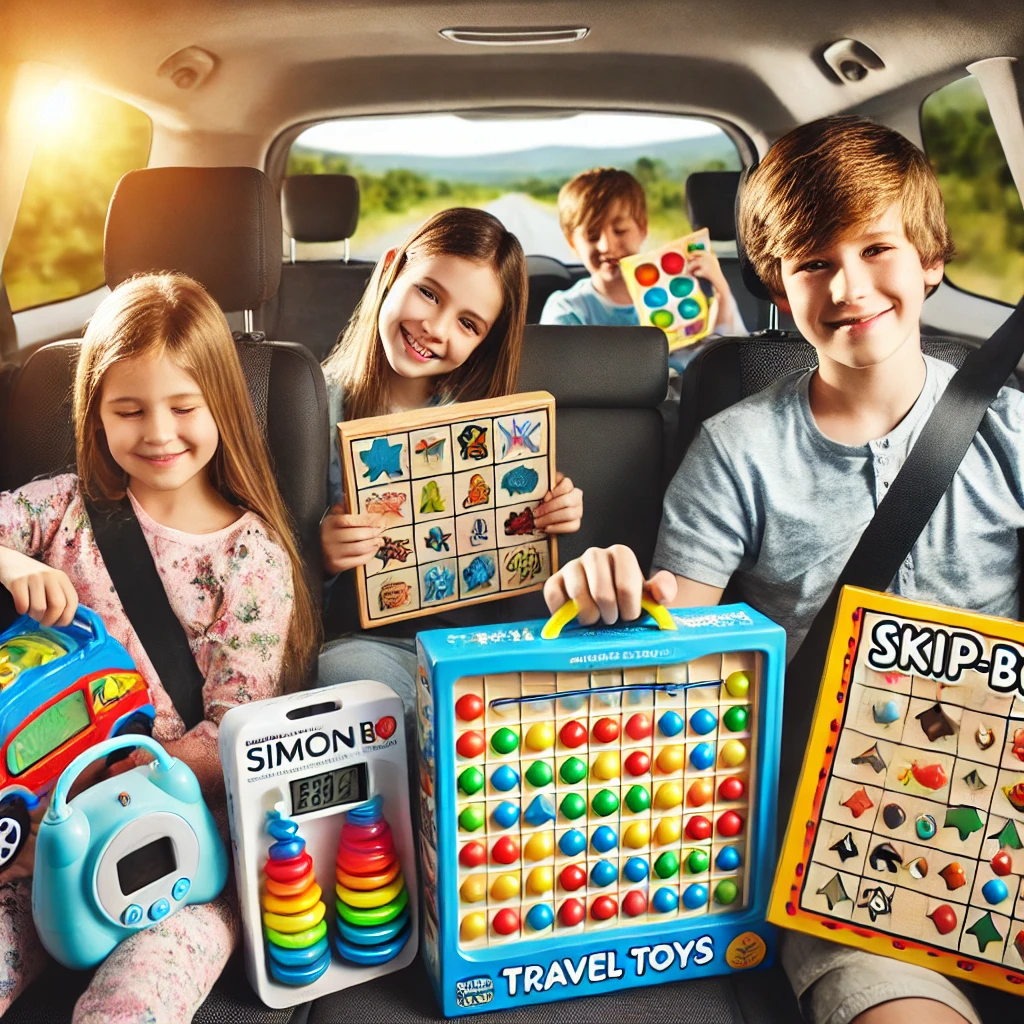 "Familia feliz en un viaje por carretera con niños jugando con varios juguetes de viaje en el asiento trasero del coche, incluyendo actividades sensoriales, juegos de cartas como Skip-Bo, un juego electrónico Simon pequeño, un juego de mesa y un juguete clásico portátil. Escena brillante y alegre con un fondo escénico visible a través de las ventanas del coche."