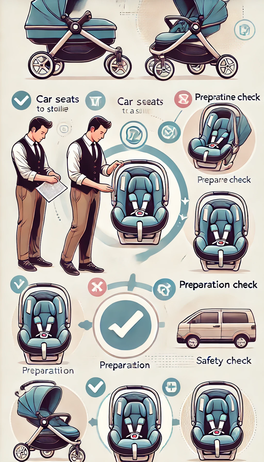 Ilustración profesional mostrando una guía paso a paso para asegurar un portabebé en una carreola. La imagen incluye visuales claros de los diferentes tipos de portabebés y carreolas, la verificación de compatibilidad, pasos de preparación, y el proceso de instalación con comprobaciones de seguridad. La ilustración utiliza colores suaves y tranquilos adecuados para una guía de productos para bebés.