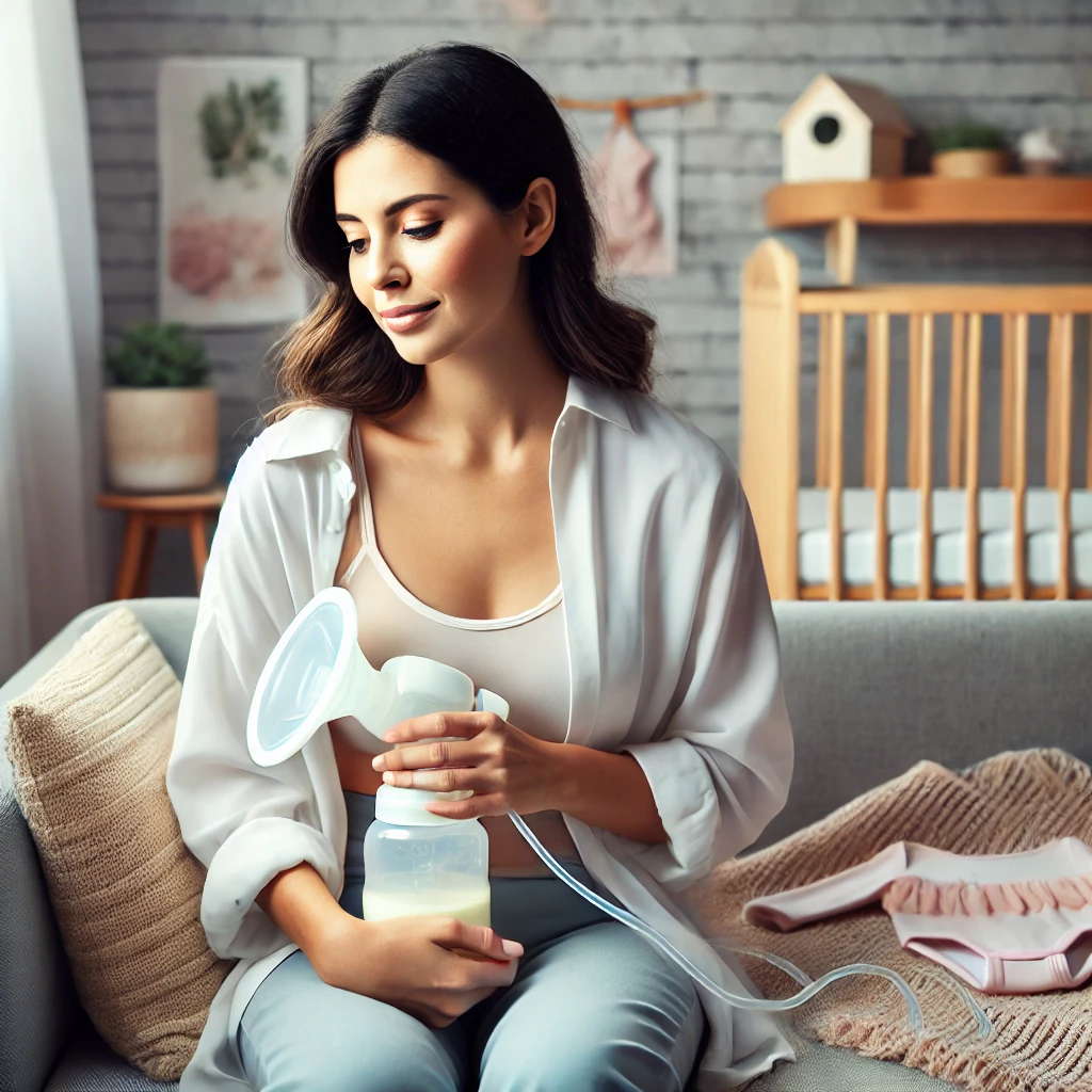 Una madre utilizando extractores de leche manuales en un ambiente relajado.