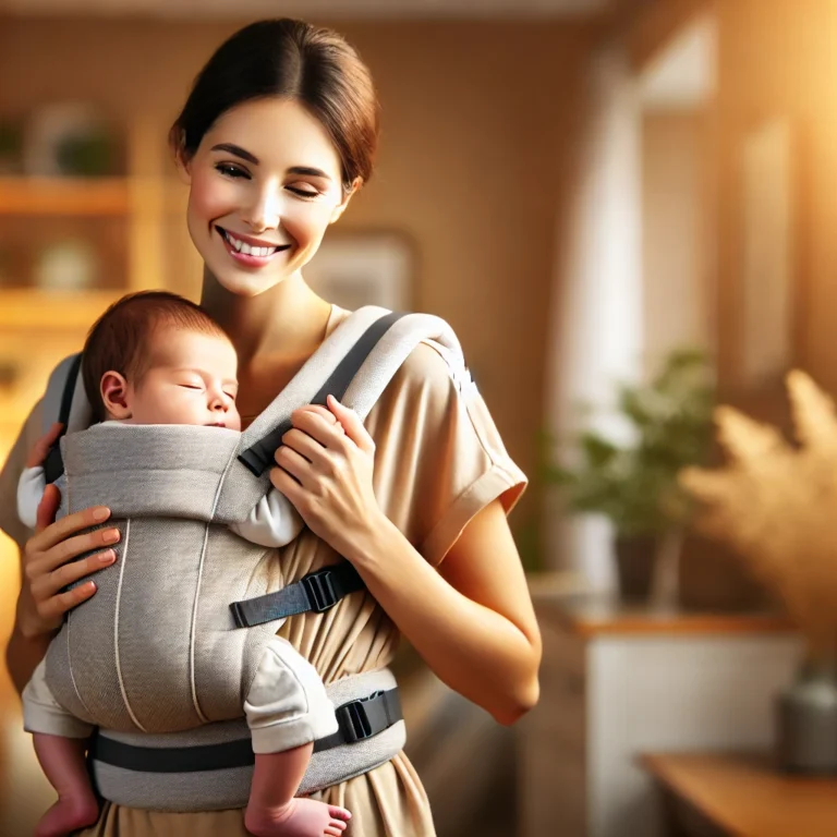 "Un padre llevando a un bebé recién nacido en un canguro ergonómico, dentro de un ambiente hogareño cálido y seguro